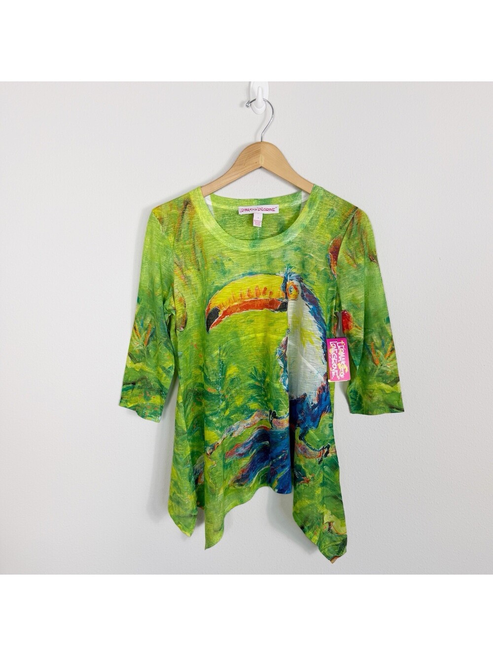 NWT Leoma Lovegrove Colorful Asymmetrical Artsy Tunic Top Toucan Bird Small